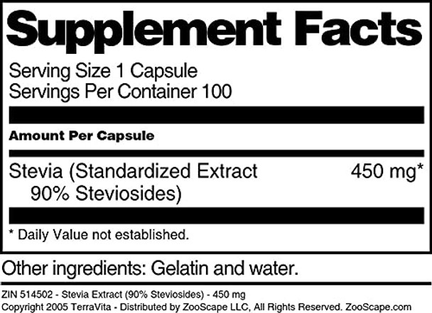 Terravita Stevia Extract (90% Steviosides) - 450 Mg (100 Capsules, Zin: 514502)
