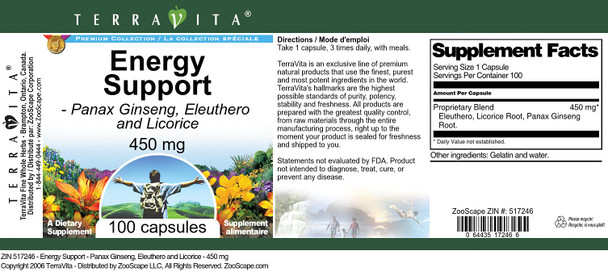 Terravita Energy Support - Panax Ginseng, Eleuthero And Licorice - 450 Mg (100 Capsules, Zin: 517246)