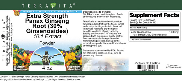 Terravita Extra Strength Panax Ginseng Root 10:1 Extract (30% Ginsenosides) Powder (4 Oz, Zin: 514414)