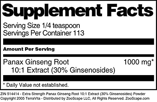 Terravita Extra Strength Panax Ginseng Root 10:1 Extract (30% Ginsenosides) Powder (4 Oz, Zin: 514414)