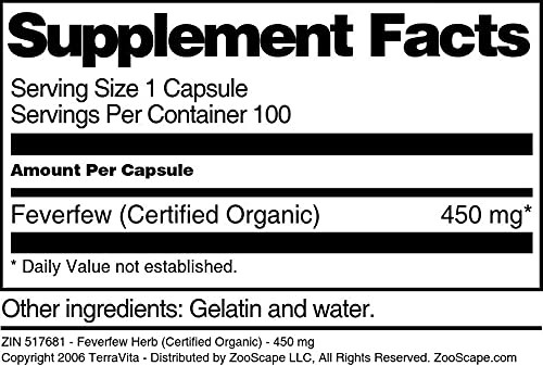 Terravita Feverfew Herb (Certified Organic) - 450 Mg (100 Capsules, Zin: 517681)