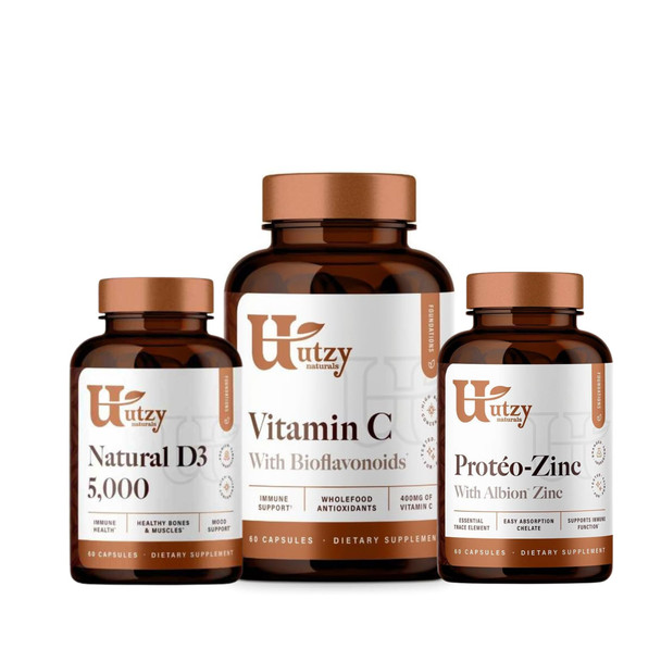 Utzy Naturals | Vitamin C Complex | 400Mg Vitamin C With Acercola & Citrus Bioflavonoids + Natural D3 5,000Iu + Proteo-Zinc Chelated Zinc For Immune Health