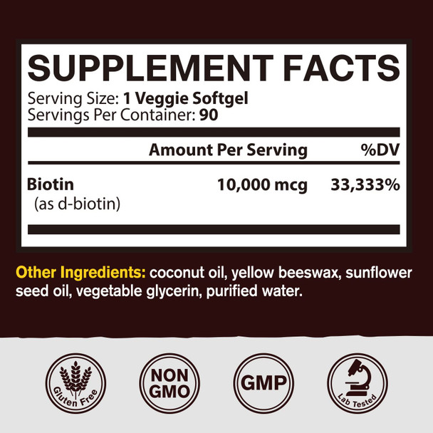 Vitacook Biotin, Hair, Skin & Nails, 10000 Mcg, High Potency, With Coconut Oil, No Gelatin, Vegetarian-Friendly, Once Daily, Non-Gmo, 90 Softgels