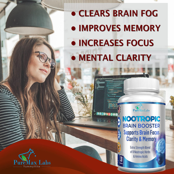 YUMMYVITE Nootropic Brain Booster - Memory & Brain Support Supplement With Ginkgo Biloba, Bacopa Monnieri - 30 Capsules