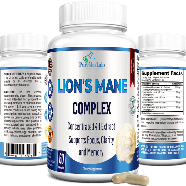 YUMMYVITE Lions Mane Mushroom Complex - Concentrated 4:1 Extract For Brain Health, Supports Focus, Clarity, Memory & Immune System - 60 Capsules