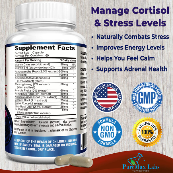 YUMMYVITE Adrenal Support, Cortisol Manager, Adrenal Health, Maintain Balanced Cortisol Levels, Stress Relief Supplement With Ashwagandha, L-Tyrosine - 60 Capsules
