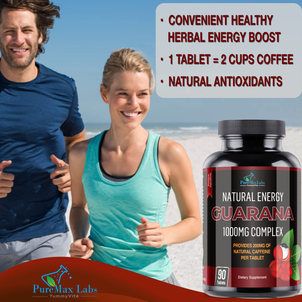 YUMMYVITE Natural Energy Guarana 1000Mg - Provides 200Mg Of Herbal Caffeine (2 Cups Coffee), Antioxidants, Boost Energy, Natural Caffeine Tablets, 90 Tablets