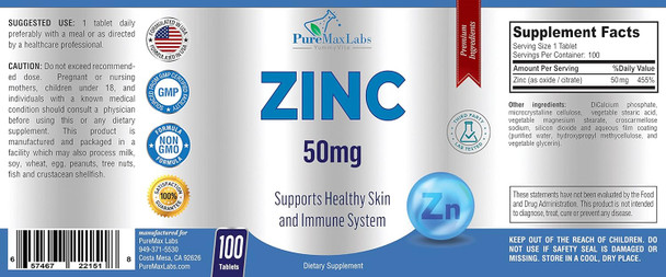 YUMMYVITE Zinc Citrate/Oxide 50Mg - Immune Support & Antioxidant Supplement, Skin Health Support - 100 Tablets