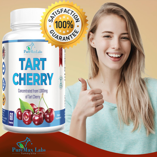 YUMMYVITE Tart Cherry - 4:1 Extract Capsules Equivalent To 1000Mg Of Montmorency Cherries, Antioxidant-Rich, Natural Uric Acid Support Supplement, Non-Gmo - 60 Capsules