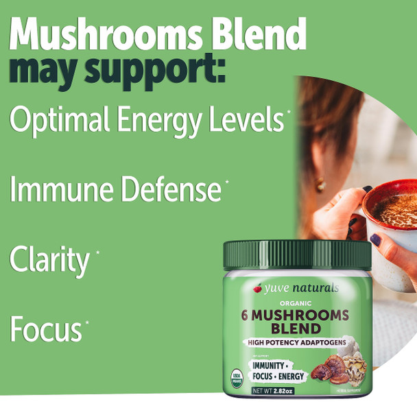 Yuve 6 Organic Mushroom Extract Powder - Magic Blend Of Reishi, Chaga, Lions Maine, Maitake, Cordyceps - Add To Tea, Coffee, Smoothies - Energy Support & Immune Defense - 2.82Oz