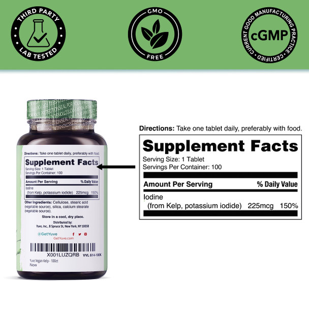 Yuve Thyroid Support For Women, Iodine Supplements For Thyroid, 225Mg – Natural Metabolism & Energy, Organic Seaweed From North Atlantic Ocean, Plant-Based, Non-Gmo - 100 Tablets
