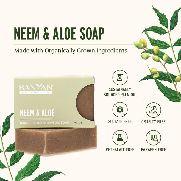 ‎Banyan Botanicals Neem & Aloe Soap – Calming And Soothing Soap For Sensitive Skin – With Organic Neem Leaf, Aloe Vera, And Vetiver Essential Oil – 4 Oz Bar – Free Of Sulfates, Phthalates & Parabens