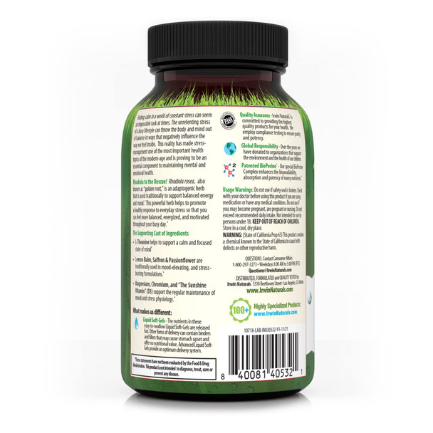 ‎Irwin Naturals Rhodiola-Plus - 75 Liquid Soft-Gels - Helps Maintain Balance & Peace Of Mind - With L-Theanine, Magnesium & Vitamin D3-25 Servings