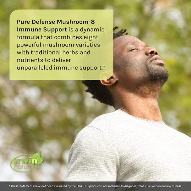 ‎Irwin Naturals Pure Defense Mushroom-8 Powerful & Robust Immune Support Supplement With 8 Organic Mushroom Blend, Vitamin C & D3, Ecea & Black Elderberry - 60 Liquid Softgels With Pill Case