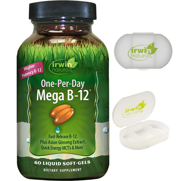 ‎Irwin Naturals One-Per-Day Mega B-12 1,500Mcg High Potency Methylcobalamin Vitamin - Fast Enhanced Absorption With Mct + Asian Ginseng - Natural Energy Boost - 60 Liquid Softgels With Pill Case