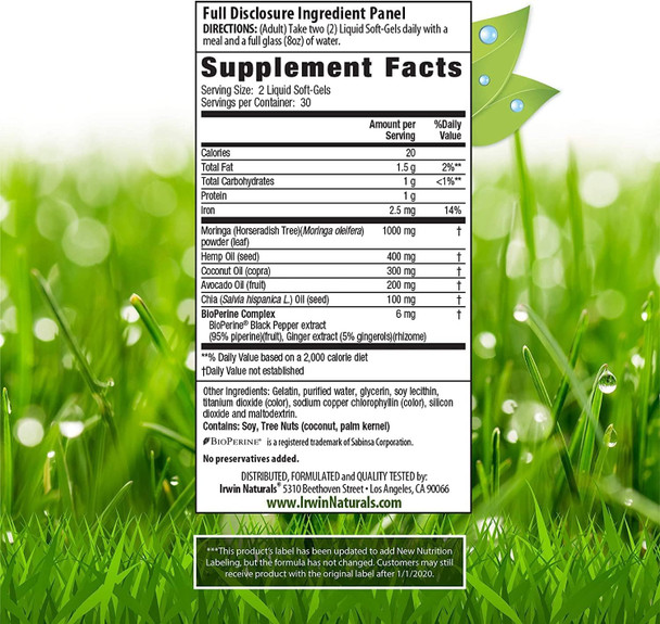 ‎Irwin Naturals Mighty Moringa 1,000 Mg With Chia, Coconut, Hemp, Avacado & Omega Superfoods - 60 Liquid Softgels With Pill Case