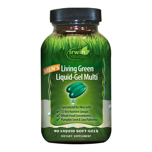 ‎Irwin Naturals Men'S Living Green Liquid-Gel Multi - 70 Essential Nutrients, Full-Spectrum Vitamins, Wholefood Blend - Targeted Adrenal & Brain Support - 90 Liquid Softgels
