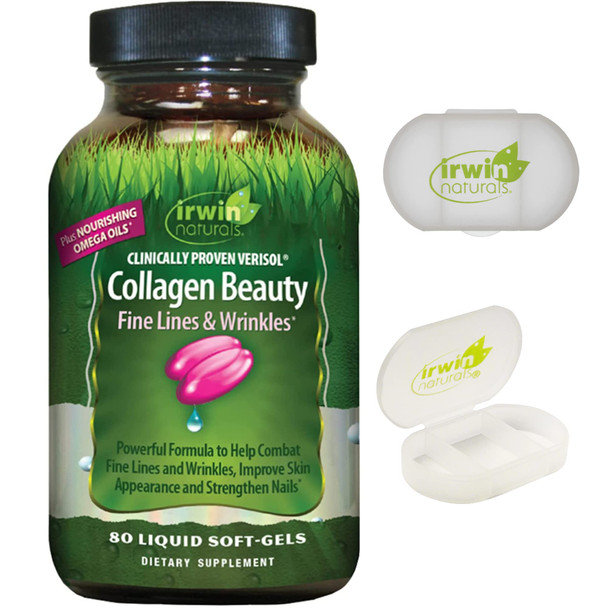 ‎Irwin Naturals Collagen Beauty - 80 Liquid Softgels - Helps Combat Fine Lines & Wrinkles, Improves Skin Appearance & Strengthens Nails - 13 Total Servings With Pill Case