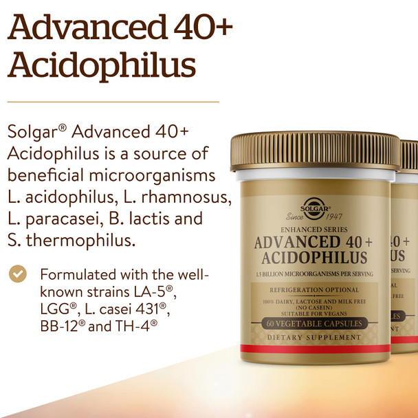 Solgar Advanced 40+ Acidophilus 120 Vegetable Capsules - Supports Healthy Intestinal Flora - 1.5 Billion Microorganisms Per Serving - Gluten Dairy Lactose & Milk Free - Vegetarian - 120 Servings