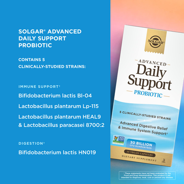 Solgar Advanced Daily Support Probiotic 30 Vegan Capsules - 30 Billion Cfu - 5 Clinically-Studied Strains - Advanced Digestive Relief & Immune System Support - Non-Gmo & Vegan 30 Servings