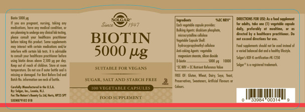 Solgar Biotin 5000 Mcg 100 Veg Caps - Promote Healthy Skin Nails & Hair - Supports Energy Production Protein Carbohydrate & Fat Metabolism - Vitamin B - Non Gmo Vegan Gluten Free - 100 Servings