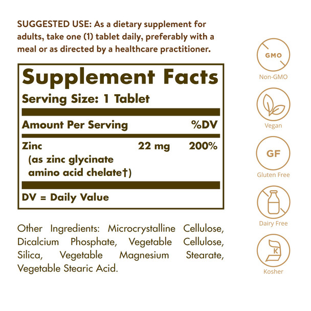 Solgar Chelated Zinc 250 Tablets - Zinc For Healthy Skin - Supports Cell Growth & Dna Formation - Exerts Antioxidant Activity - Supports A Healthy Immune System - Non Gmo Vegan - 250 Servings