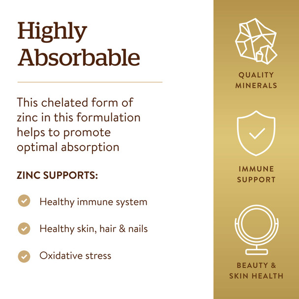 Solgar Chelated Zinc 250 Tablets - Zinc For Healthy Skin - Supports Cell Growth & Dna Formation - Exerts Antioxidant Activity - Supports A Healthy Immune System - Non Gmo Vegan - 250 Servings