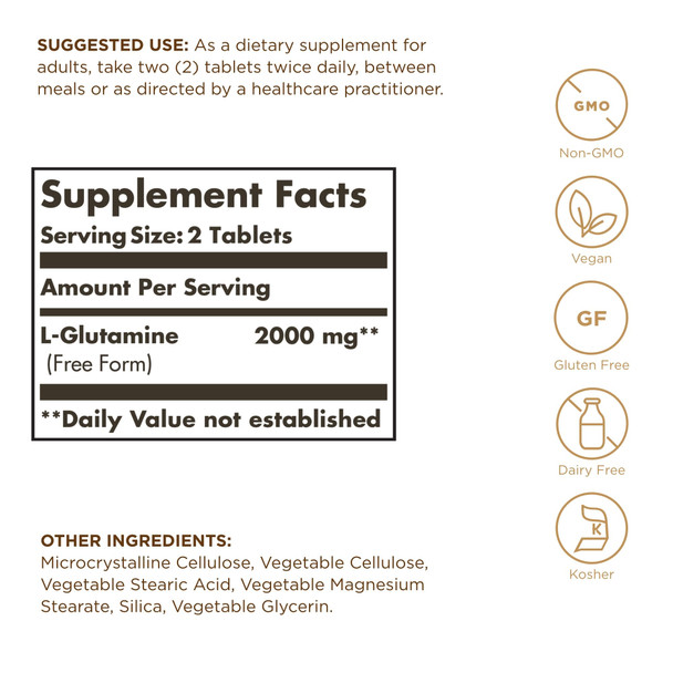 Solgar L-Glutamine 1000 Mg - 60 Tablets Pack Of 2 - Non-Gmo Vegan Gluten Free Kosher - 60 Total Servings
