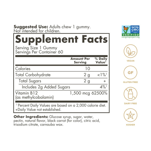 Solgar Methyl B12 Gummies For Adults 1 500Mcg Ultra Potency Vitamin For Energy & Metabolism Support Raspberry Flavor Vegan & Gluten Free Gummy For Women & Men 2 Month Supply 60 Servings 2G Sugar