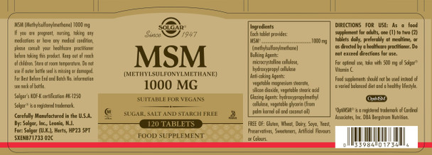Solgar Msm 1000 Mg - 120 Tablets - Supports Joints & Connective Tissue - Non-Gmo Vegan Gluten Free Dairy Free Kosher Halal - 120 Servings
