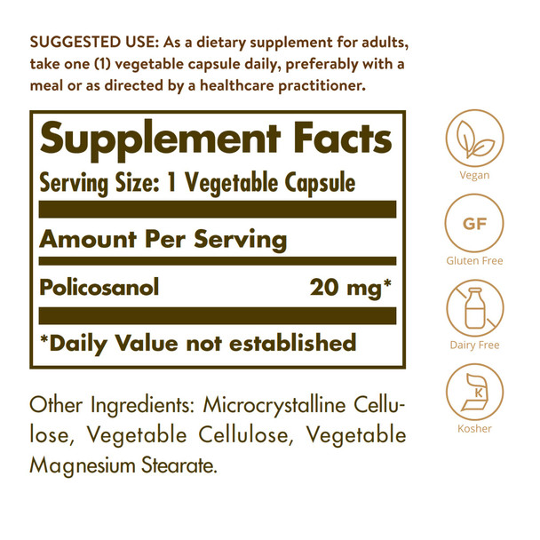 Solgar Policosanol 20 Mg 100 Vegetable Capsules - Supports Heart Health - General Wellness - Vegan Gluten Free Dairy Free Kosher - 100 Servings