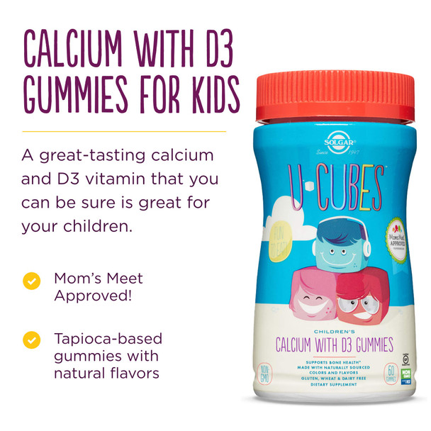 Solgar U-Cubes Children'S Calcium With Vitamin D3 60 Gummies - 3 Flavors Pink Lemonade Blueberry & Strawberry - Supports Bone & Teeth Health - Non Gmo Gluten Free Dairy Free - 30 Servings