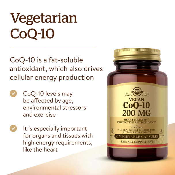 Solgar Vegetarian Coq-10 200 Mg 30 Vegetable Capsules - Heart Healthy Protective Antioxidant - Coenzyme Q10 (Coq-10) Supplement - Vegan Gluten Free Dairy Free Kosher - 30 Servings