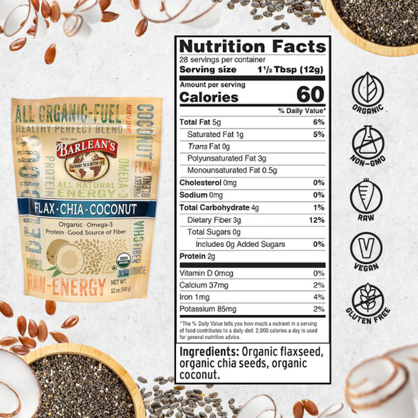 Barlean's Organic Flax Chia And Coconut Seed Blend - Vegan Usda Organic Non-Gmo Gluten-Free - 12-Ounces