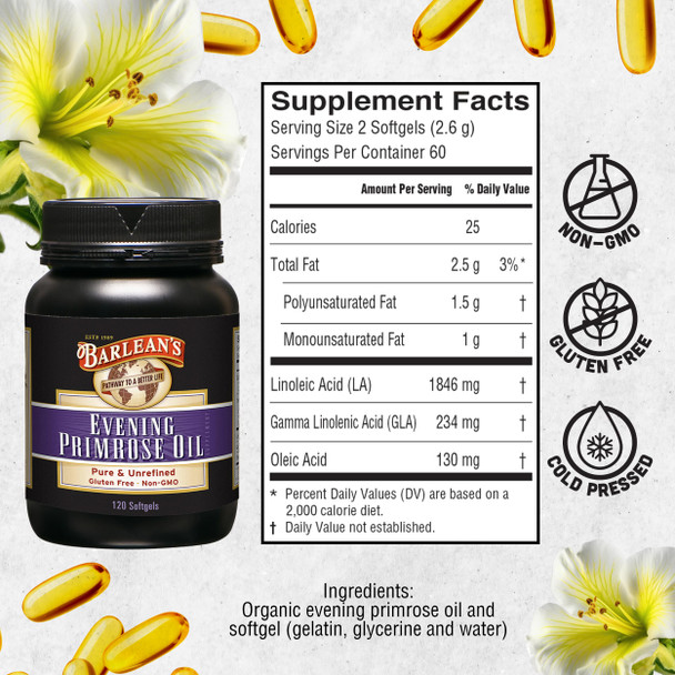 Barlean's Organic Oils Organic Evening Primrose Oil 120 Softgels/1300 Mg Ea. Bottle