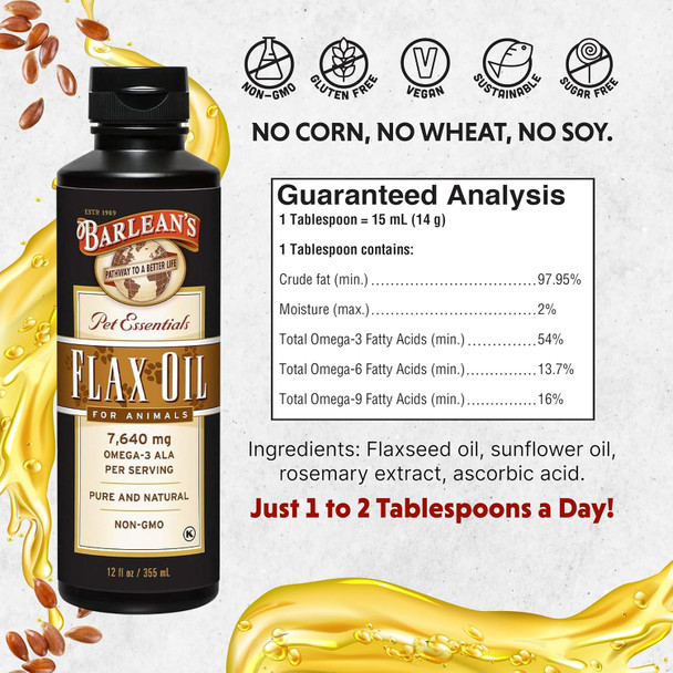 Barlean'S Flaxseed Oil For Animals Pet Essential Liquid Omega 3 Fatty Acids Cat And Dog Oil Supplements For Skin And Coat Omega 3 For Dogs Cats And Other Pets 12 Oz