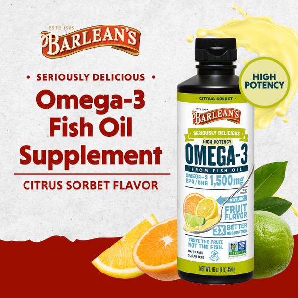 Barlean's Citrus Sorbet High Potency Omega 3 Fish Oil Liquid Supplement 1500Mg Of Epa and  Dha Fatty Acid Smoothie Flavored and  Burpless For Brain Joint and  Heart Health 16 Oz