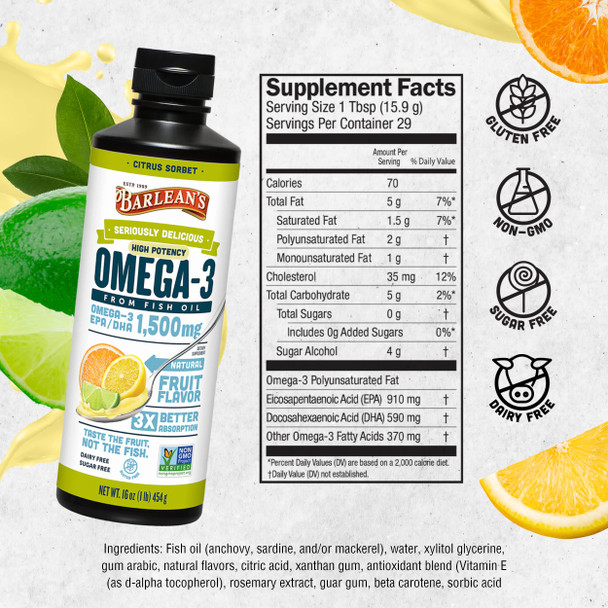 Barlean's Citrus Sorbet High Potency Omega 3 Fish Oil Liquid Supplement 1500Mg Of Epa and  Dha Fatty Acid Smoothie Flavored and  Burpless For Brain Joint and  Heart Health 16 Oz