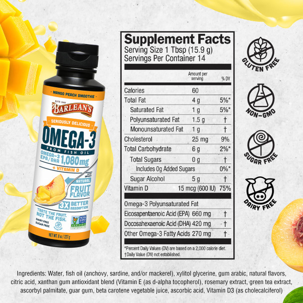Barlean's Fish Omega Swirl Mango Peach 8 Oz