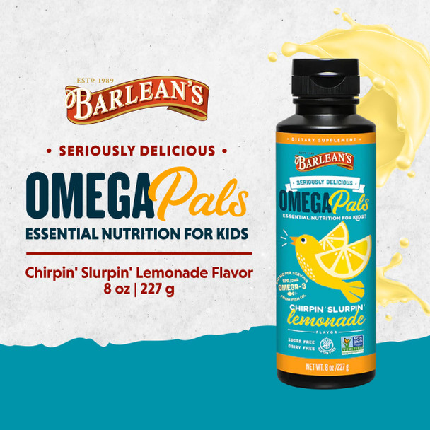 Barlean's Omega Pals Chirpin' Slurpin' Omega 3 For Kids Yummy Lemonade Flavored Children'S Liquid Fish Oil Supplement With 540 Mg Of Epa and  Dha For Brain and  Eye Health 8 Oz