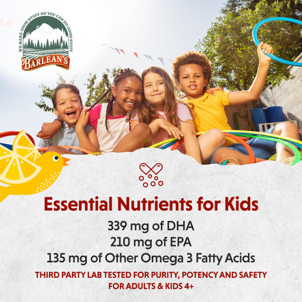 Barlean's Omega Pals Chirpin' Slurpin' Omega 3 For Kids Yummy Lemonade Flavored Children'S Liquid Fish Oil Supplement With 540 Mg Of Epa and  Dha For Brain and  Eye Health 8 Oz