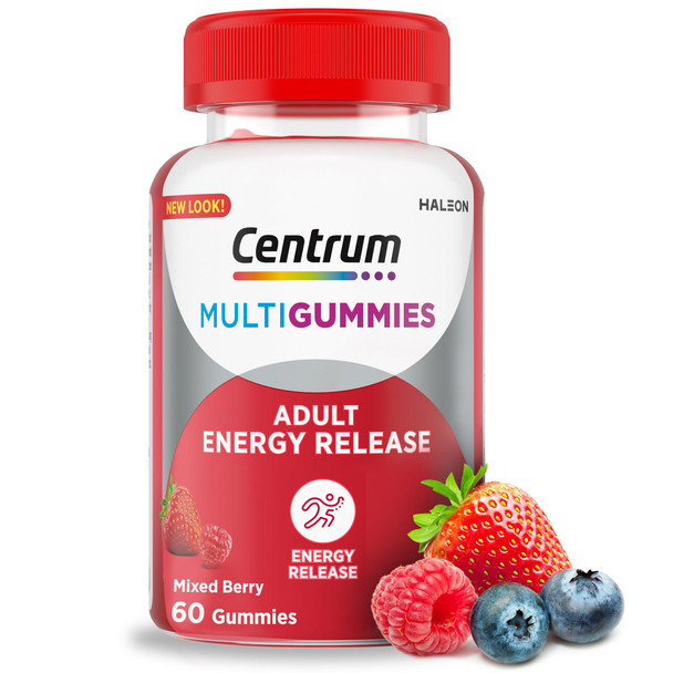 Centrum Multigummies Energy Release Multivitamin Including Vitamins D B12 & B6 With Mixed Berry Natural Fruit Flavouring 60 Chewable Gummies (Packaging May Vary)