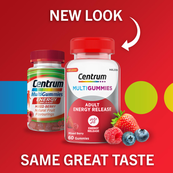 Centrum Multigummies Energy Release Multivitamin Including Vitamins D B12 & B6 With Mixed Berry Natural Fruit Flavouring 60 Chewable Gummies (Packaging May Vary)