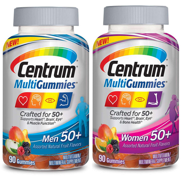 Centrum Multigummies Men And Women 50+ Bundle Supports Heart Brain And Eye Health Multivitamin/Multimineral Supplement In Assorted Natural Fruit Flavor (90 Gummies) Pack Of 2