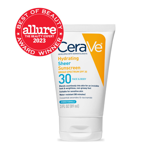 Cerave Hydrating Sheer Sunscreen Spf 30 For Face And Body | Mineral Sunscreen & Chemical Sunscreen With Zinc Oxide Hyaluronic Acid Niacinamides And Ceramides| Paraben Free Fragrance Free | 3 Ounces