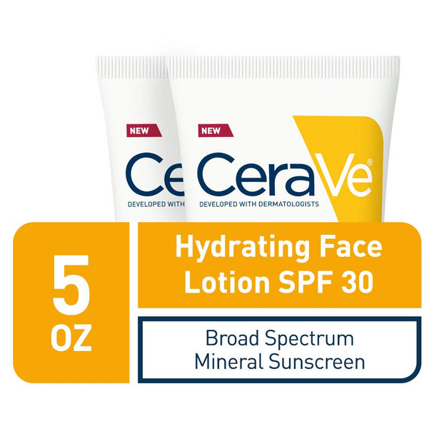 Cerave 100% Mineral Sunscreen Spf 30 | Face Sunscreen With Zinc Oxide & Titanium Dioxide For Sensitive Skin | 2.5 Fl Oz Pack Of 2