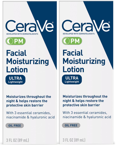 Cerave Facial Moisturizing Lotion Pm | 3 Ounce (Pack Of 2) | Ultra Lightweight Night Face Moisturizer | Fragrance Free
