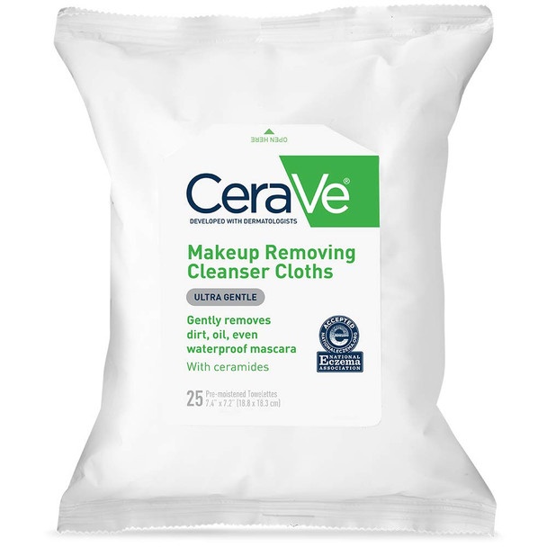 Cerave Face & Eye Makeup Remover Wipes | 25 Count | Gently Removes Dirt Oil Waterproof Makeup | Fragrance Free & Non-Irritating