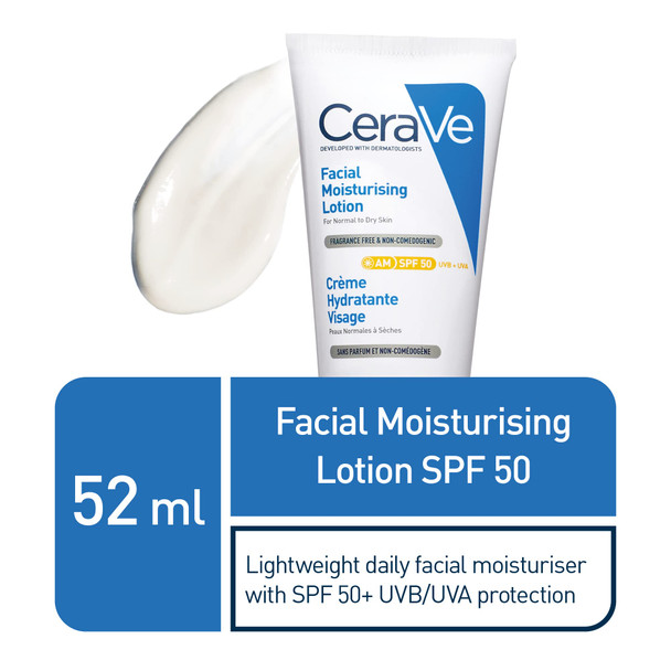 Cerave Am Facial Moisturising Lotion Spf50 With Ceramides & Vitamin E For Normal To Dry Skin 52Ml & Blemish Control Face Cleanser With 2% Salicylic Acid & Niacinamide For Blemish-Prone Skin 236Ml