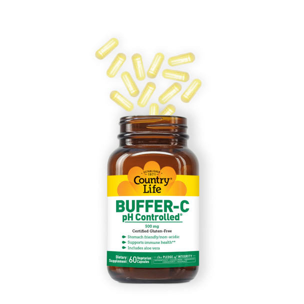 Country Life Buffer-C Ph Controlled 500Mg Stomach Friendly Non-Acidic 60 Vegetarian Capsules Certified Gluten Free Certified Vegetarian
